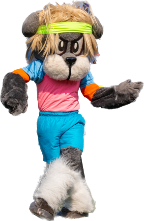 The Portland Sea Dogs mascot, Slugger, wearing exercise clothing and dancing