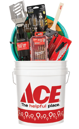 A while "ACE" branded bucket filled with various work tools