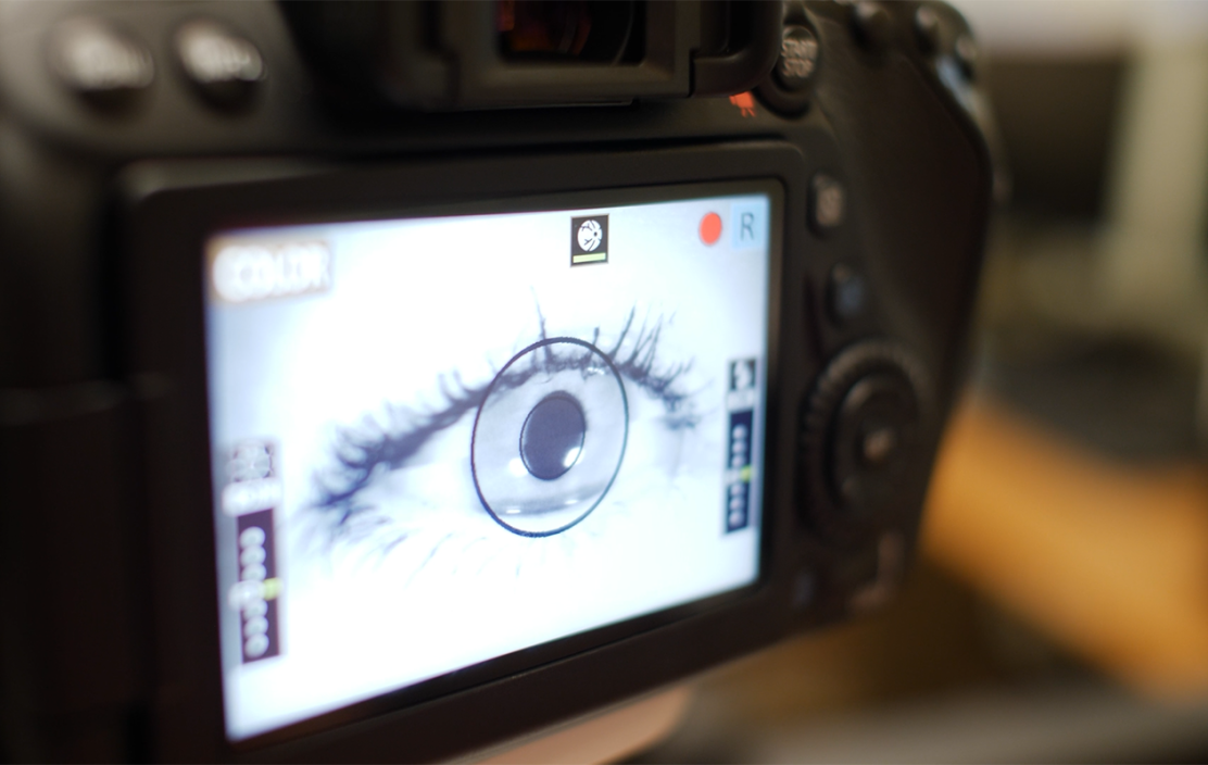 An image of a human eye on a digital screen