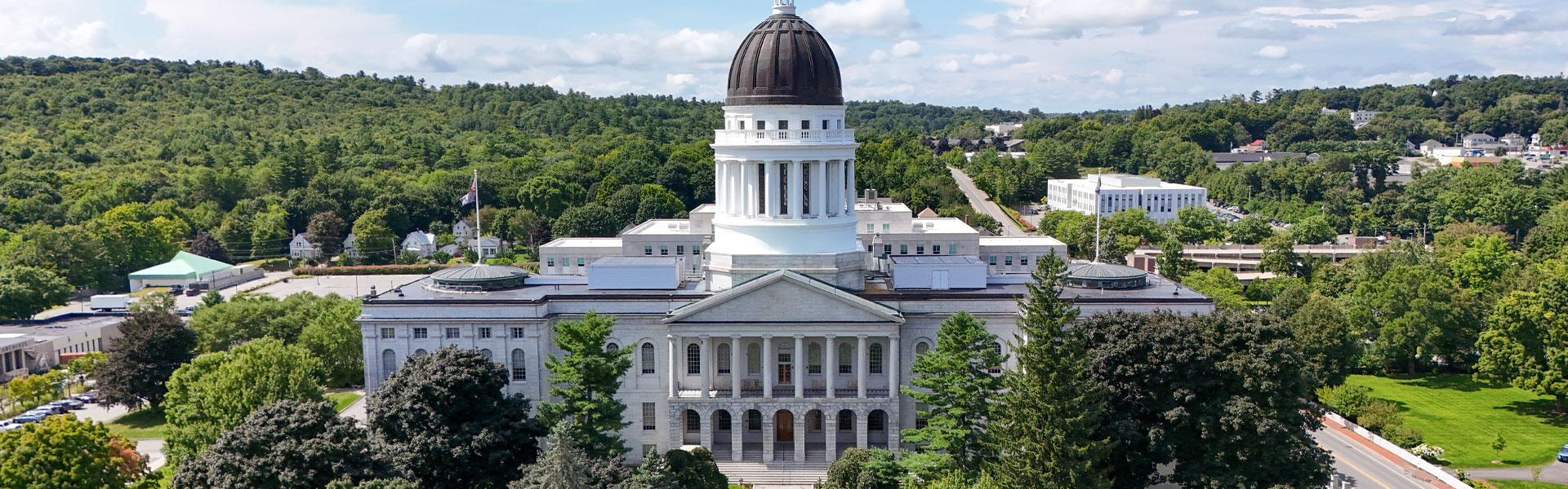 An aerial view of the Maine State House in Augusta Maine
