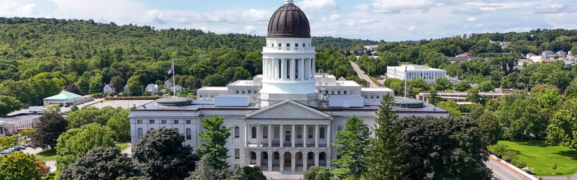 An aerial view of the Maine State House in Augusta Maine