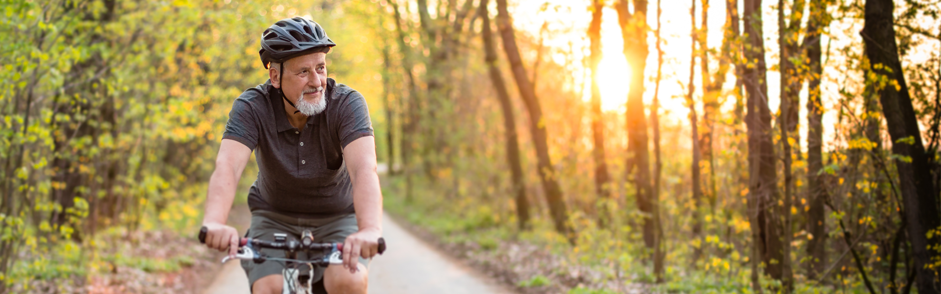 A man riding a bicycle through a wooded forest on a sunny day