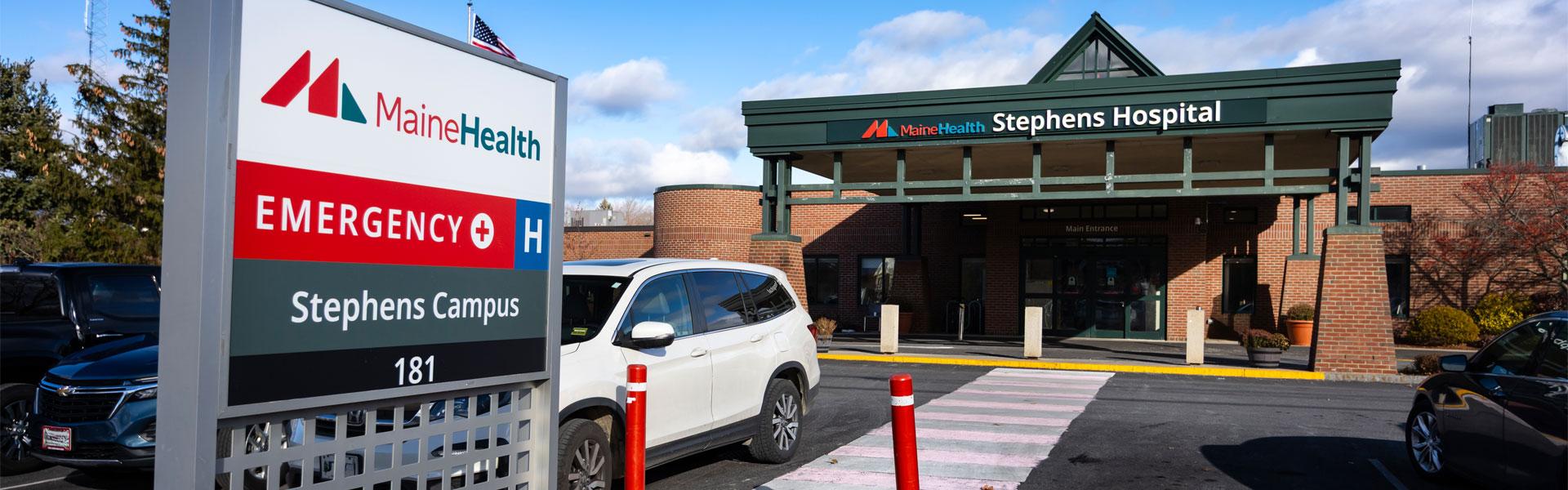 An exterior view of the MaineHealth Stephens Hospital front entrance