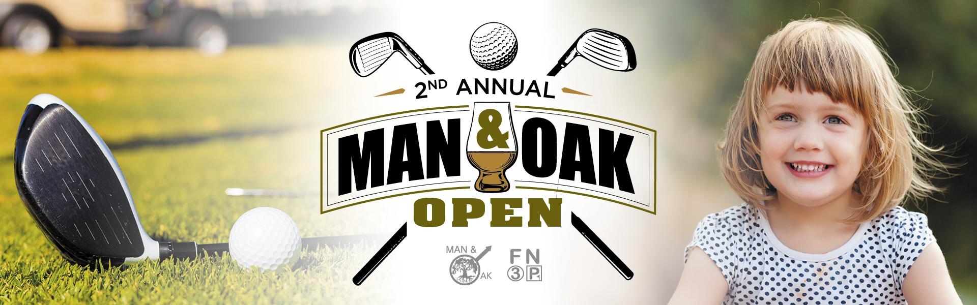 left: close-up of a golf club and golf ball on the greens, right: a young girl smiling on a sunny day, center: 2nd annual man and oak open logo with golf clubs and golf ball