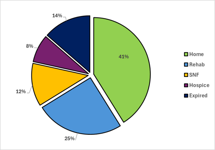 a pie chart illustrating 41% of hemorrhagic stroke patients discharging home