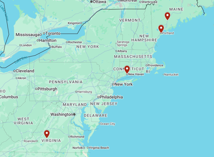 Map of the northeast with pins in Augusta Maine, Portland Maine, New Haven Connecticut, and Lynchburg Virginina