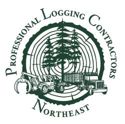 Professional logging contractors northeast logo with a view of a cut tree, pine trees, and logging trucks