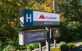 An exterior sign for MaineHealth Lincoln Hospital at 35 Miles St in Damariscotta, ME