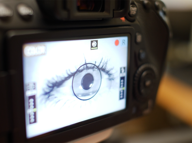 An image of a human eye on a digital screen