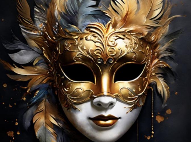 Graphic design of a human face wearing a gold mask with a feather headdress