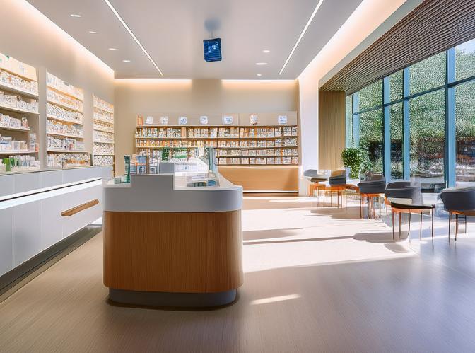 An architectural rendering of a fictional pharmacy