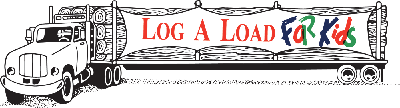 Log a Load for Kids logo - text on a large trucking carrying logs