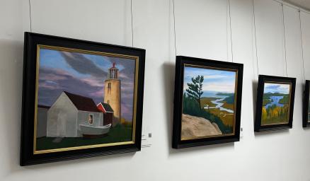 Collection of brightly-colored landscape paintings in black frames handing on a wall in a hallway